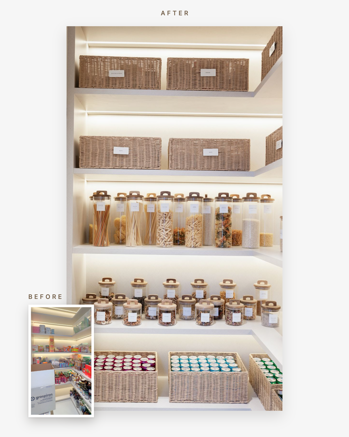 Pantry after using The Pantry Edit method, with glass jars and woven baskets, and a small before photo of the same pantry